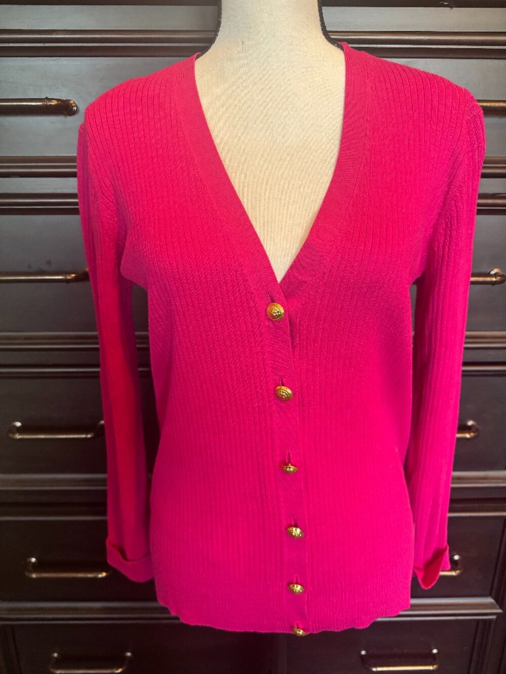 Ann Klein Ribbed V-Neck Cardigan Pink/Magenta Sz L Excellent!